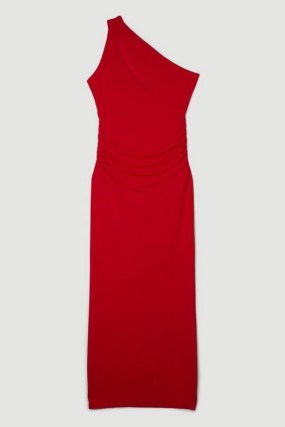 Karen Millen Jersey Crepe One Shoulder Midi Dress in Red – asymmetric keyhole cut out evening dresses – ruched detail occasion clothes - flipped