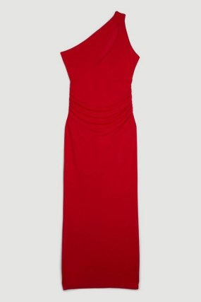 Karen Millen Jersey Crepe One Shoulder Midi Dress in Red – asymmetric keyhole cut out evening dresses – ruched detail occasion clothes