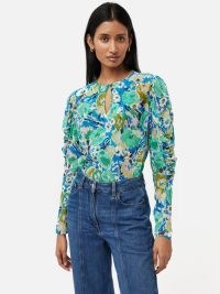 JIGSAW Abstract Meadow Crinkle Top in Green / women’s ruched slleve tops