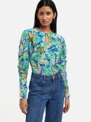 JIGSAW Abstract Meadow Crinkle Top in Green / women’s ruched slleve tops - flipped