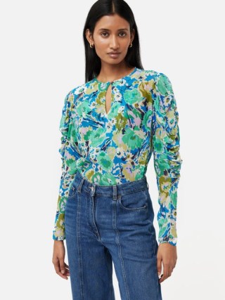 JIGSAW Abstract Meadow Crinkle Top in Green / women’s ruched slleve tops
