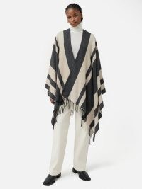 JIGSAW Striped Wool Blend Cape in Grey ~ fringe trimmed autumn capes