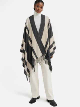 JIGSAW Striped Wool Blend Cape in Grey ~ fringe trimmed autumn capes - flipped