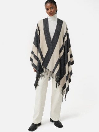 JIGSAW Striped Wool Blend Cape in Grey ~ fringe trimmed autumn capes