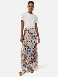 JIGSAW Graphic Pansy Crinkle Skirt in Lilac – floral ruffle trim maxi skirts