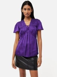 JIGSAW Satin Drape Top in Purple – short sleeve gathered detail tops – women’s ruched clothing #2
