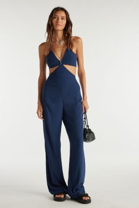 ba&sh mepita JUMPSUIT in Blue | strappy cut out plunge front jumpsuits - flipped
