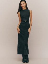 Reformation Kendi Denim Midi Dress in Washed Black ~ sleeveless fitted bodice dresses with a column skirt
