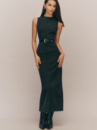 Reformation Kendi Denim Midi Dress in Washed Black ~ sleeveless fitted bodice dresses with a column skirt - flipped