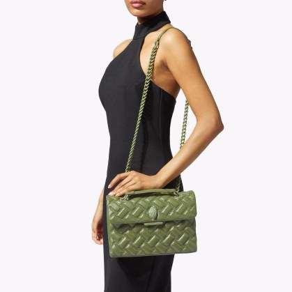 Kurt Geiger Kensington Drench in KHAKI ~ green leather padded parquet style bags ~ quilted shoulder bag with chain strap - flipped