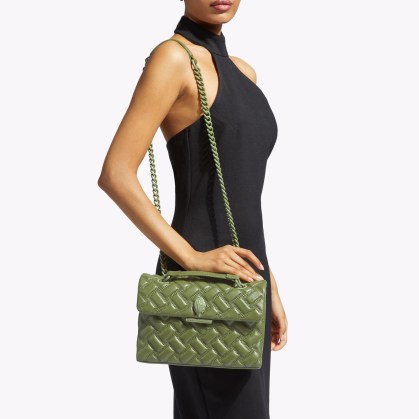 Kurt Geiger Kensington Drench in KHAKI ~ green leather padded parquet style bags ~ quilted shoulder bag with chain strap