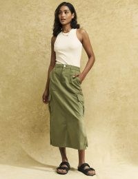 nobody’s child Khaki Green Utility Cargo Midi Skirt | women’s side pocket organic cotton twill skirts | womens utilitarian fashion