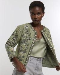 RIVER ISLAND KHAKI QUILTED EMBROIDERED FLORAL JACKET ~ green cotton collarless jackets with embroidery details ~ metallic fibre detail fashion