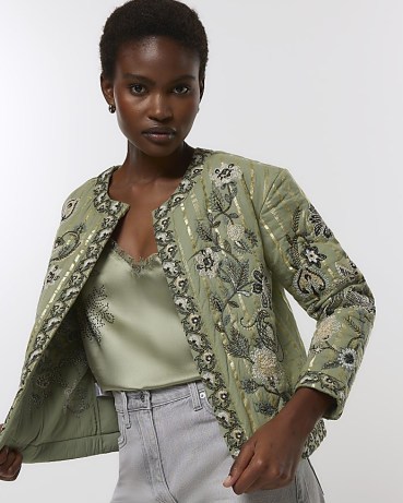 RIVER ISLAND KHAKI QUILTED EMBROIDERED FLORAL JACKET ~ green cotton collarless jackets with embroidery details ~ metallic fibre detail fashion - flipped