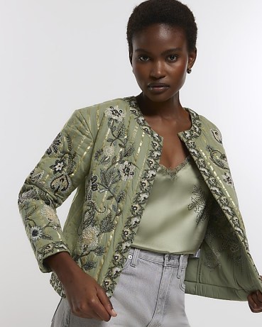 RIVER ISLAND KHAKI QUILTED EMBROIDERED FLORAL JACKET ~ green cotton collarless jackets with embroidery details ~ metallic fibre detail fashion