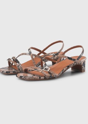 ME and EM Kitten Heel Sandal in Natural – strappy snake print square toe sandal – women’s leather sandals with animal prints - flipped
