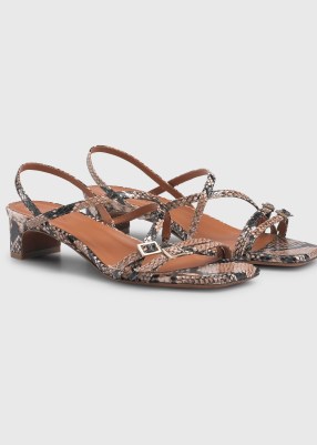 ME and EM Kitten Heel Sandal in Natural – strappy snake print square toe sandal – women’s leather sandals with animal prints