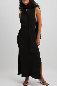 Josefine HJ x NA-KD Knitted Maxi Scarf Dress in Black | women’s knitwear fashion | halterneck winter dresses