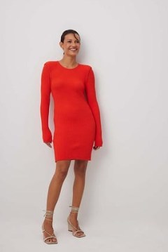 NA-kd Knitted Ribbed Mini Dress in Orange | long sleeve open back bodycon | bright rib knit padded shoulder dresses | fitted fashion | cut out detail clothing - flipped