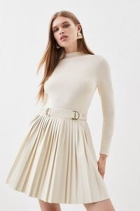 Karen Millen Knitted Skater Dress With Pu Detailing in Ivory | long sleeve pleated fit and flare dresses | women’s autumn knitwear clothing
