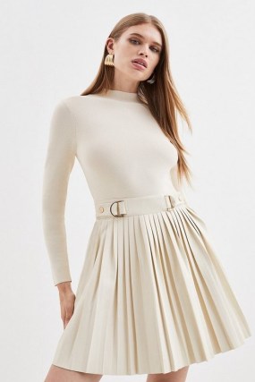 Karen Millen Knitted Skater Dress With Pu Detailing in Ivory | long sleeve pleated fit and flare dresses | women’s autumn knitwear clothing - flipped