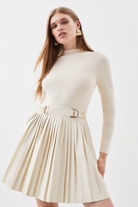 Karen Millen Knitted Skater Dress With Pu Detailing in Ivory | long sleeve pleated fit and flare dresses | women’s autumn knitwear clothing