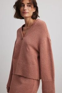 NA-KD Knitted V-Neck Wide Sleeve Sweater in Pink | women’s boxy relaxed fit sweaters | oversized dropped shoulder jumper