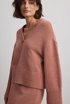 NA-KD Knitted V-Neck Wide Sleeve Sweater in Pink | women’s boxy relaxed fit sweaters | oversized dropped shoulder jumper