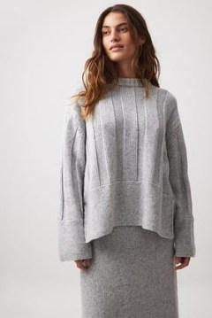 NA-KD Knitted Wide Rib Sweater in Light Grey | oversized slouchy sweaters | textured side split jumper - flipped