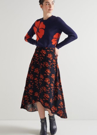 L.K. BENNETT Krasner Blue And Orange Shadow Floral Print Skirt / floaty asymmetric dip hem skirts - flipped