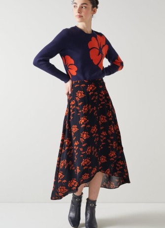 L.K. BENNETT Krasner Blue And Orange Shadow Floral Print Skirt / floaty asymmetric dip hem skirts