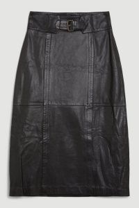 KAREN MILLEN Leather Buckle Waist Detail Pencil Midi Skirt in Black | panel detail skirts