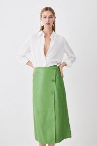 KAREN MILLEN Leather Button Wrap Midaxi Skirt in Bright Green | luxe skirts
