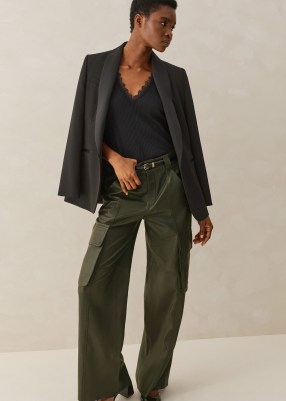 ME and EM Leather Combat Trouser in Khaki ~ women’s dark green pocket detail trousers ~ luxe clothing - flipped