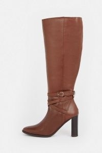 KAREN MILLEN Leather Heeled Buckle Detail Knee High Boot in Tan ~ women’s brown leather strap detail autumn boots