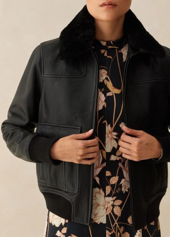Me and Em Leather 2-In-1 Relaxed Bomber Jacket in Black | women’s luxe zip up jackets - flipped