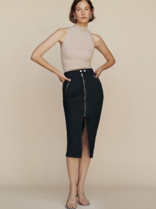Reformation Leilani Denim Midi Skirt in Black | zip detail pencil skirts | front slit | biker – moto style clothing - flipped