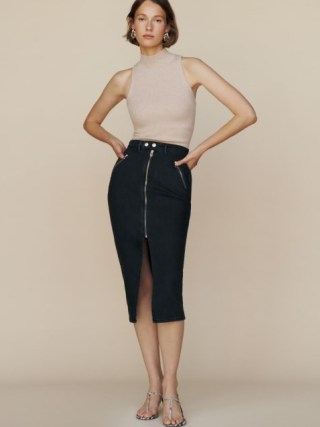 Reformation Leilani Denim Midi Skirt in Black | zip detail pencil skirts | front slit | biker – moto style clothing