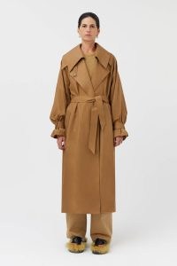 CAMILLA AND MARC Leon Trench Coat in Sahara Brown – women’s longline recycled fabric autumn coats – womens sustainable outerwear