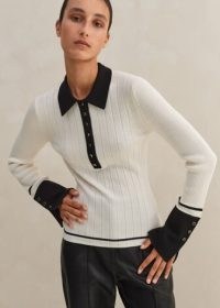 me and em Lightweight Merino Silk Knit Shirt in Soft White/Black – women’s monochrome knitted shirts