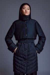 Karen Millen Lightweight Padded Hybrid Short Trench Coat in Black | women’s high neck two way winter coats