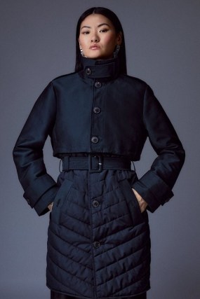 Karen Millen Lightweight Padded Hybrid Short Trench Coat in Black | women’s high neck two way winter coats - flipped