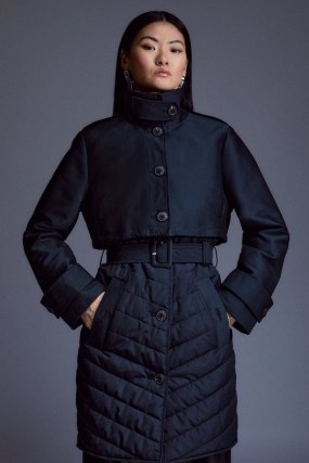 Karen Millen Lightweight Padded Hybrid Short Trench Coat in Black | women’s high neck two way winter coats
