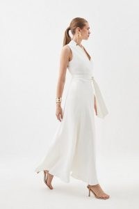 Karen Millen Linen Wrap Tie Waisted Maxi Dress in Ivory – sleeveless long length flowing hemline dresses