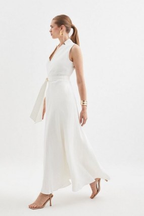 Karen Millen Linen Wrap Tie Waisted Maxi Dress in Ivory – sleeveless long length flowing hemline dresses - flipped