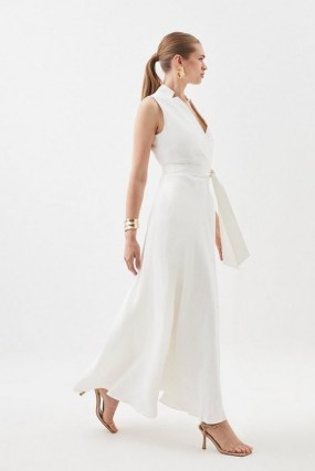 Karen Millen Linen Wrap Tie Waisted Maxi Dress in Ivory – sleeveless long length flowing hemline dresses
