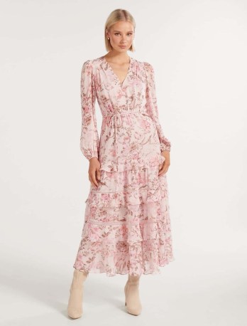 FOREVER NEW Locky Trim Detail Midi Dress in Pink Renwick ~ floral tiered ruffle trim dresses ~ boho inspired clothing ~ flouncy lightweight bohemian fashion - flipped