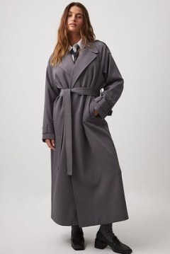 NA-KD Long Trenchcoat in Dark Grey | women’s oversized longline coats | belted tie waist | maxi trench - flipped
