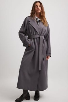 NA-KD Long Trenchcoat in Dark Grey | women’s oversized longline coats | belted tie waist | maxi trench