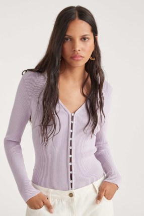 ba&sh wilam LONG-SLEEVED CARDIGAN in PURPLE ~ fitted ribbed V-neck cardigans - flipped